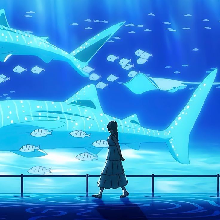 i searched "anime shark aquarium" on pinterest the result is a bright blue animated image of a person walking in front of an aquarium with light blue whale sharks and blue grey fish there's also a ray