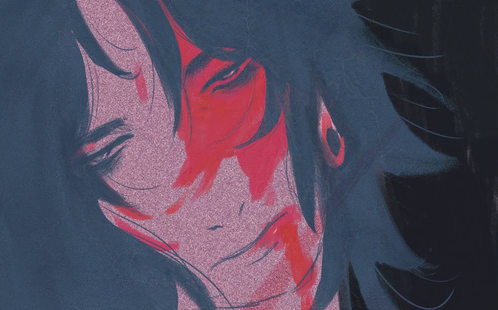 digital painting of suguru geto from jujutsu kaisen. his head is tilted to the left, his eyes look empty into the camera and his hair falls open and disheveld over his face. there is blood on the right side of his face which is in a almost pink color. there is a grainy effect over the whole painting, like static.