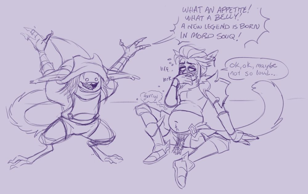 A miqote WoL sits on the ground looking sick with a bloated stomach while Rhon Ron congratulates her for choking down 40 cactus fruit loaves. The WoL looks sick and embarrassed.
Rhon Ron: "What an appetite! What a belly! A new legend is born in Mord Souq!"
WoL: "Ok ok, maybe not so loud..."