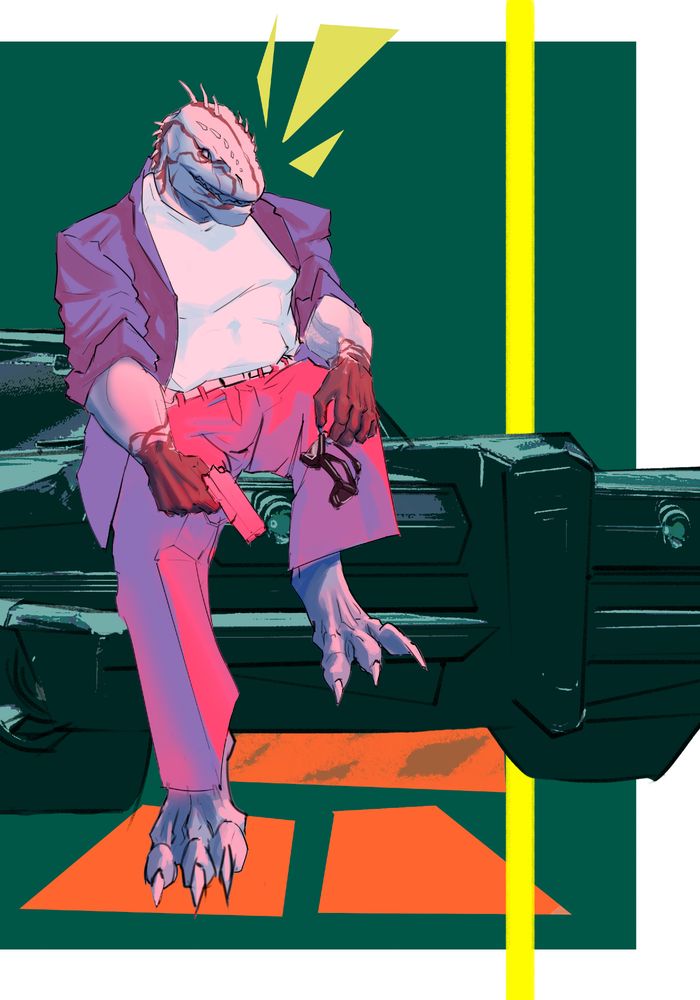 A stylized Dexter sitting on top a classic 80s era car wearing a loosing fitting Italian style suit. Armed with a pistol and eyewear his normal red orange skin has been swapped for a more pastel palette. 