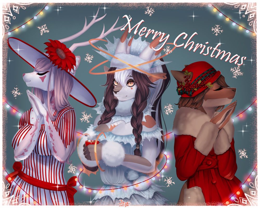 From left to right: Angelina wolf in a striped red n white dress, Komako dragon in a snowflake inspired dress with a mug of hot chocolate, Milagros shark in a red winter coat. 

By TheJustBee on FA (CW: NSFW) https://www.furaffinity.net/user/thejustbee
