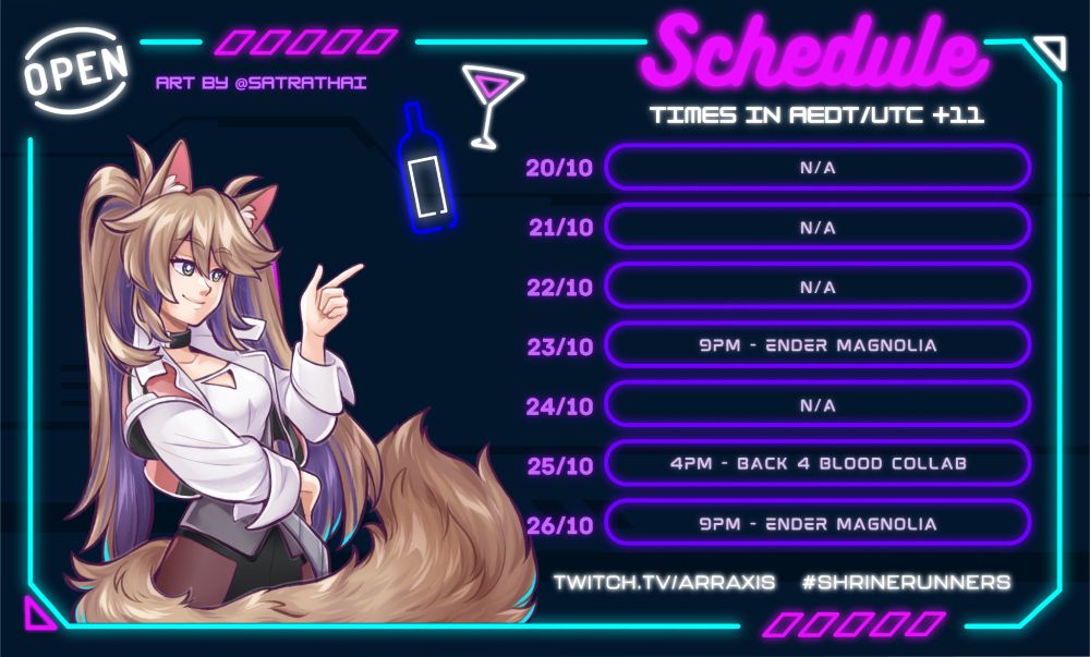 Schedule of the week! All times are in AEDT/UTC +11

Mon 20/10: N/A
Tues 21/10: N/A
Wed 22/10: N/A
Thurs 23/10: 9PM - Ender Magnolia
Fri 24/10: N/A
Sat 25/10: 4PM - Back 4 Blood w/ Alm, Misaki, and StrayXTC
Sun 26/10: 9PM - Ender Magnolia