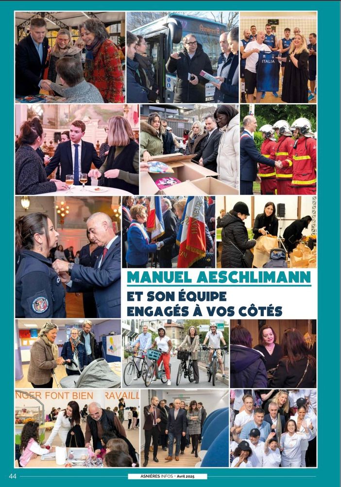 Puzzle de photos de Monsieur Aeschlimann et son équipe en fin de dossier avec la mention « MANUEL AESCHLIMANN
ET SON ÉQUIPE
ENGAGÉS À VOS CÔTÉS »