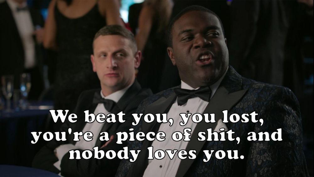 A still from the TV show Detroiters in which Sam Richardson is saying, "We beat you, you lost, you're a piece of shit, and nobody loves you."