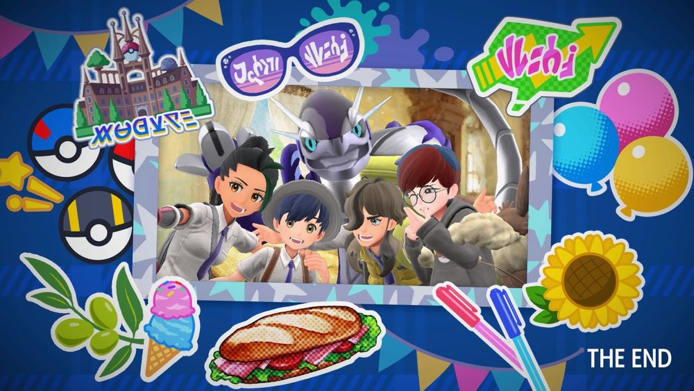 The End screen of Pokemon Violet, showing the player character with the three rivals/friends made across the game.