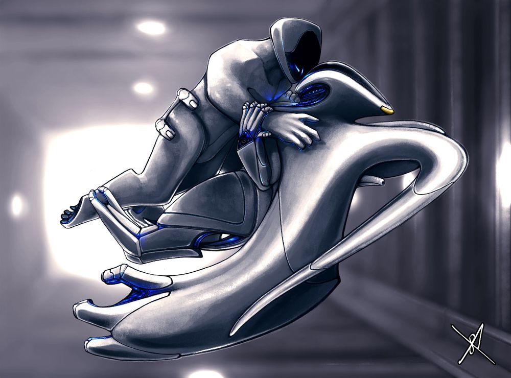 Eight and Three are floating in a corridor at 0g, embracing each other and looking at one another.