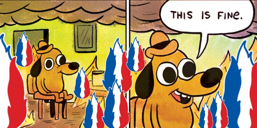 Meme This is Fine dans lequel un chien assis sur une chaise au milieu de l'incendie dit en souriant This is Fine mais ici l'incendie a été remplacé par des flammes du logo du Front National