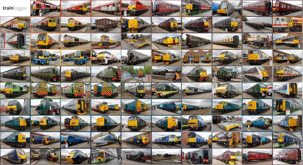 a colourful mosaic featuring 99 photos of trains roughly arranged into rainbow order