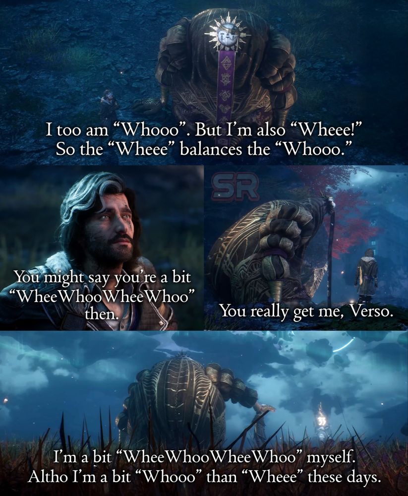 Verso and Esquie talking: 

Esq: "I too am 'Whoo.' But I'm also 'Whee!' So the 'Whee' balance the 'Whoo.'"

Verso: You might say you're a bit WheeWhooWheeWhoo then.

Esq: You really get me, Verso.

Verso: I'm a bit WheeWhooWheeWhoo myself. Although I am a bit more Whoo than Whee these days. 