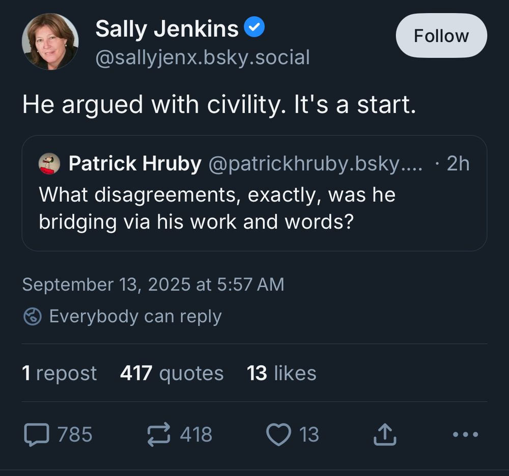 Sally Jenkins, a reporter for The Atlantic, saying Kirk was civil. 785 comments. 418 reposts. 13 likes.