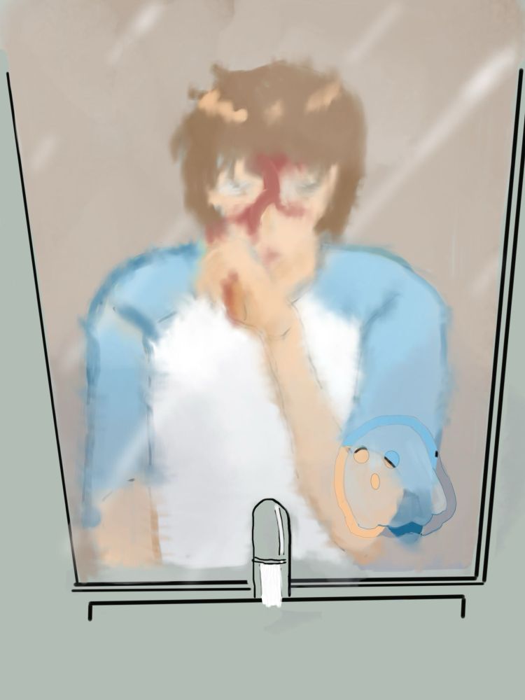 Xie Lian checks his wound in the steamy bathroom mirror and notices a drawing of a ghost in the lower right corner