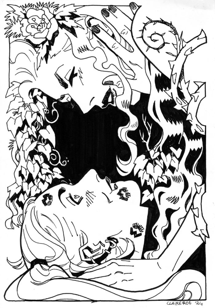 pen drawing of Poison Ivy laying over Harley Quinn, her hair and ivy tumbling down. Harley looks up with heart eyes and lipstick kiss marks all over her face ✏