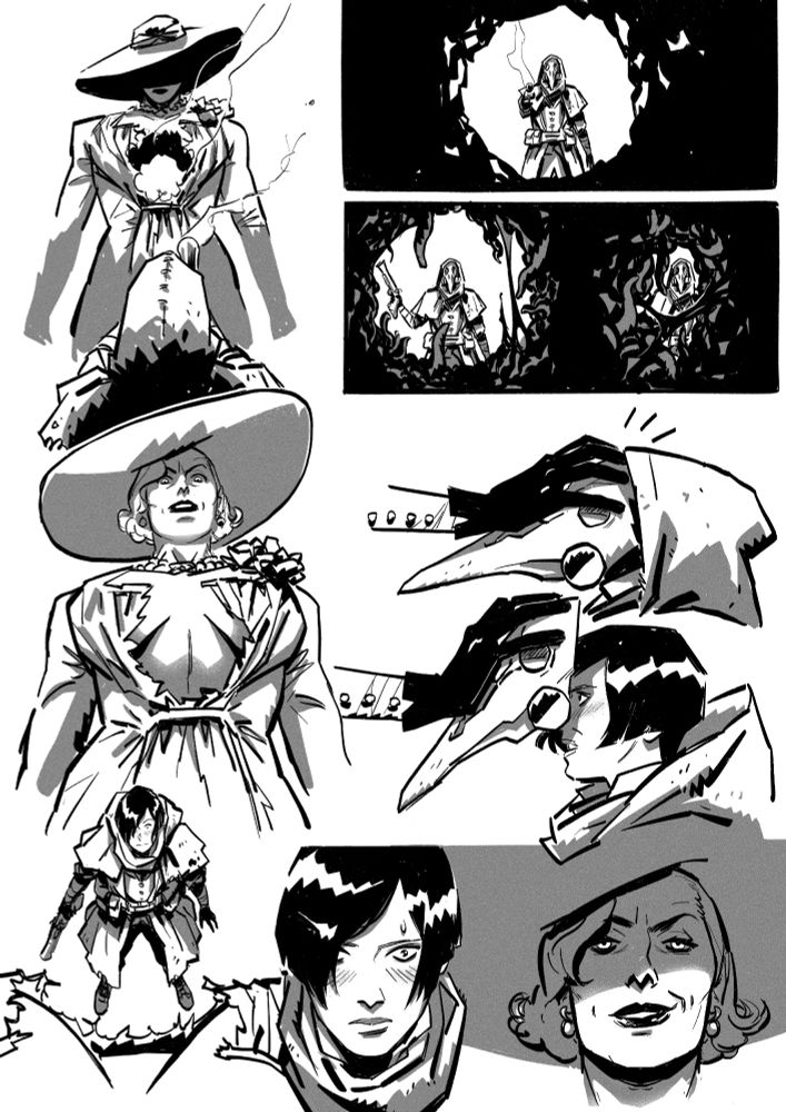 ✏ Ada has shot a massive hole through Lady D's chest, but the wound closes over. Lady D, with her dress torn and her tits theatening to spill out, looks down at Ada and grabs her plague-doctor-essque mask off. Ada looks up at the giant woman flustered, Lady D smirks