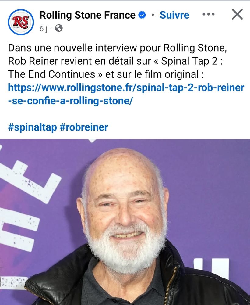 Capture d'écran FB d'une news annonçant des infos sur Spinal Tap 2, illustrée par un portrait récent de Rob Reiner... qui ressemble à Cauet donc.