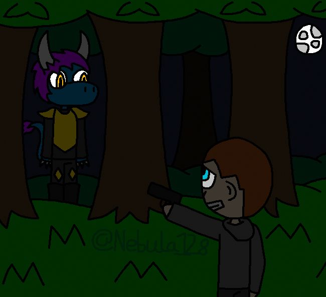 In a forest at night, a human with black clothes, brown hair and blue eyes points his gun in self defence against a blue alien dragon with purple feathers, gold eyes and armor. The only light that shines through in the moment, is the moon and the eyes of the alien.
