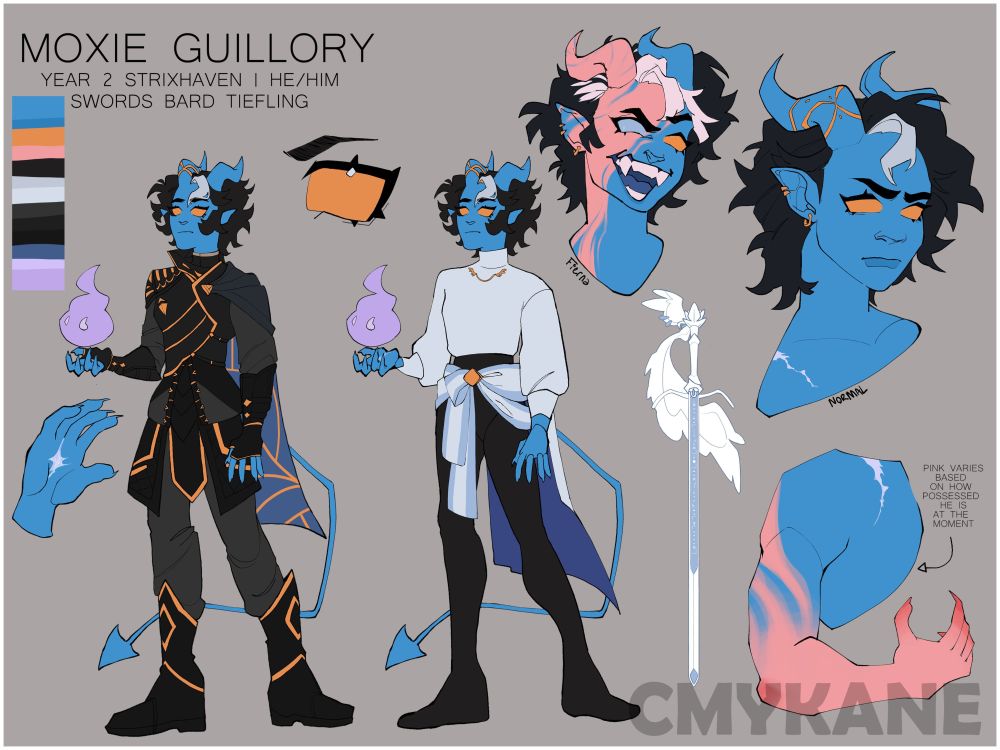 a reference sheet of moxie guillory, a blue tiefling with gold eyes and dark hair.