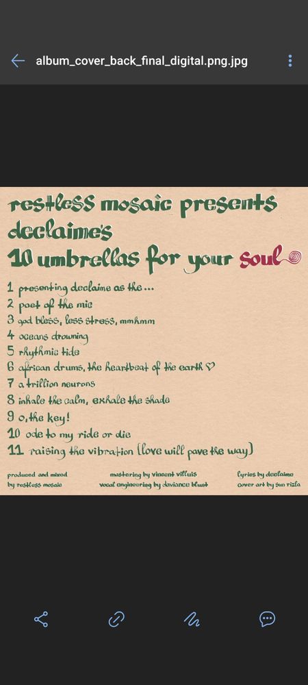 The back cover art for Restless Mosaic's albun with Declaime, 10 Umbrellas for Your Soul.