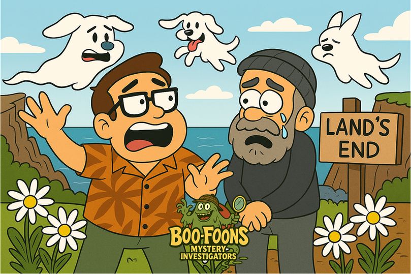 As the Boo-Foons, Dan and Steve are at Lands End with the ghosts of the daisy dogs behind them. Listen to the podcast today, on Spotify, Apple, amazon, YouTube or our website Boo-foons.co.uk 