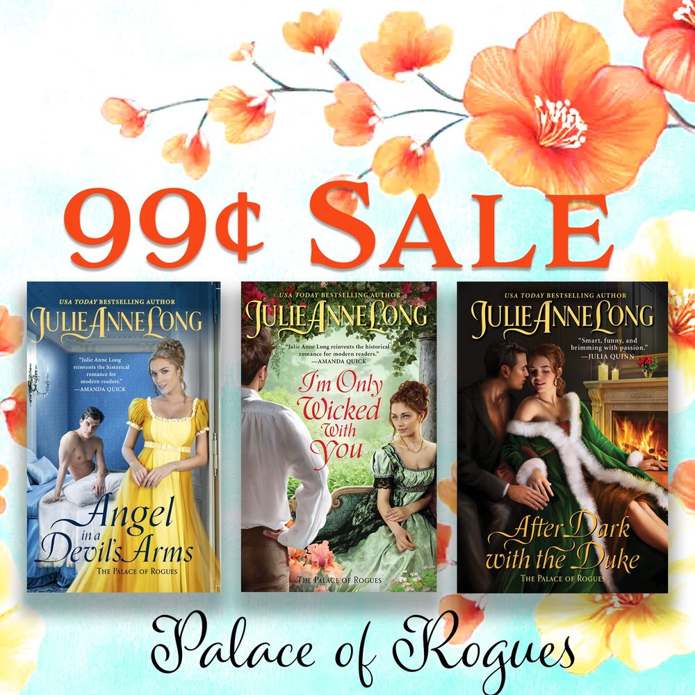 The covers of Angel in a Devil's Arms, I'm Only Wicked with You, and After Dark with the Duke against a background of poppies, advertising an ebook sale of 99 cents each