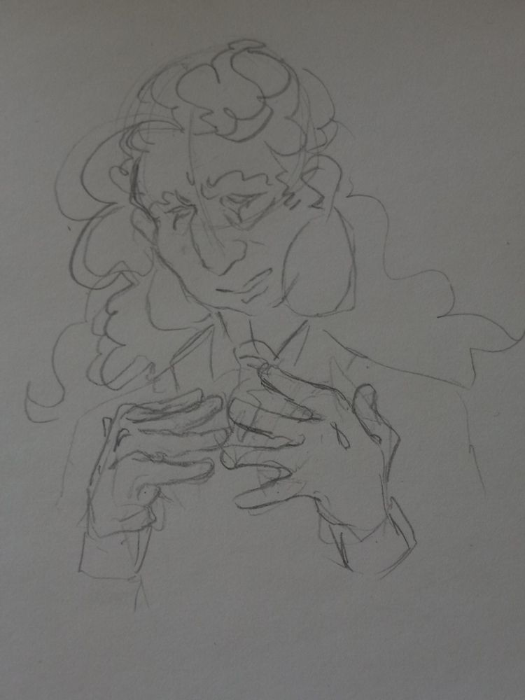 A second sketch of the same man in the same style but from a different angle and his hands are placed differently, as if these are still frames from a recorded interview.