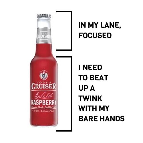 The "having a weak alcoholic drink" meme with two phases: a short "in my lane, focused" phase, followed by a longer "i need to beat up a twink with my bare hands."