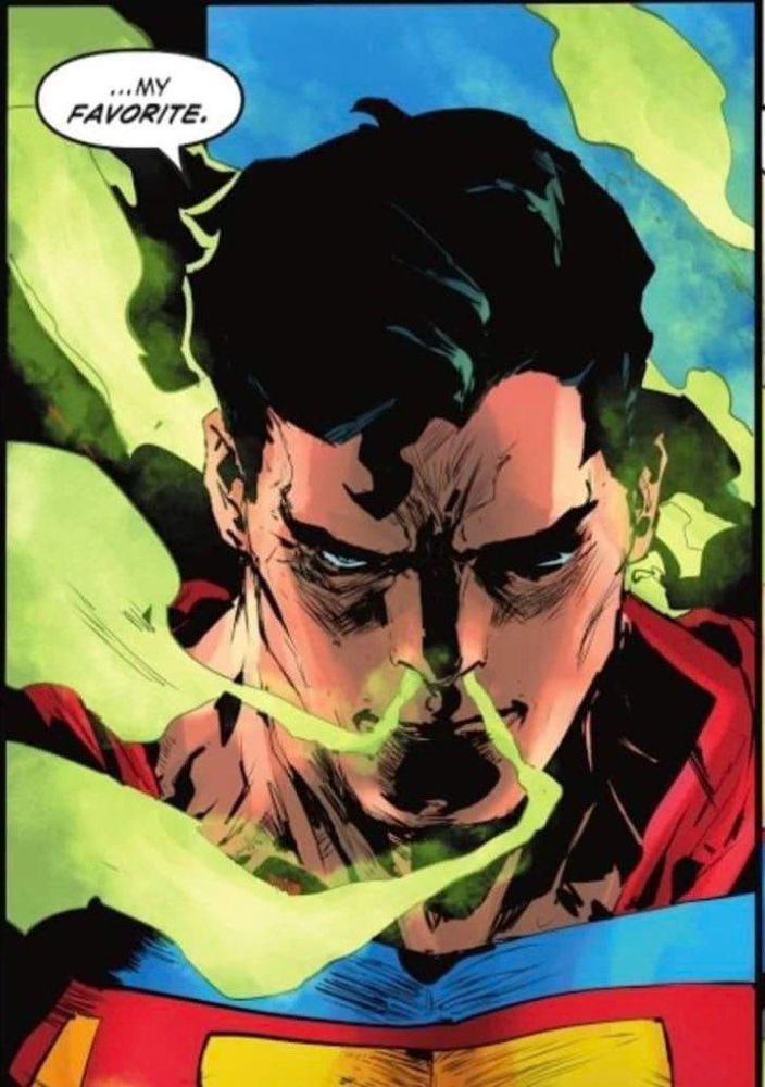 Ultraman, an evil variant of Superman, huffing kryptonite gas while stating "My favorite."