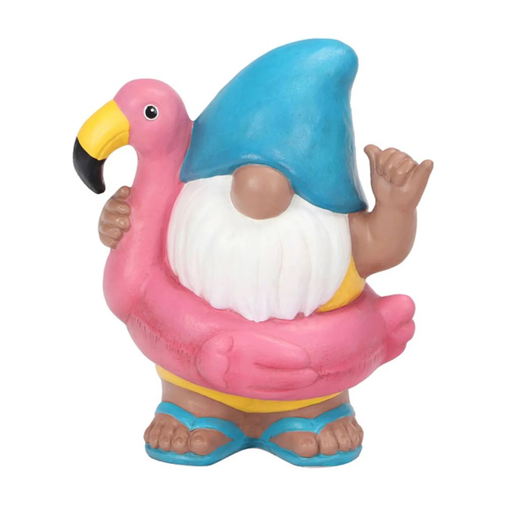 Product photo of a similar looking ceramic gnome wearing a flamingo pool floatie and doing the "hang ten" hand gesture.