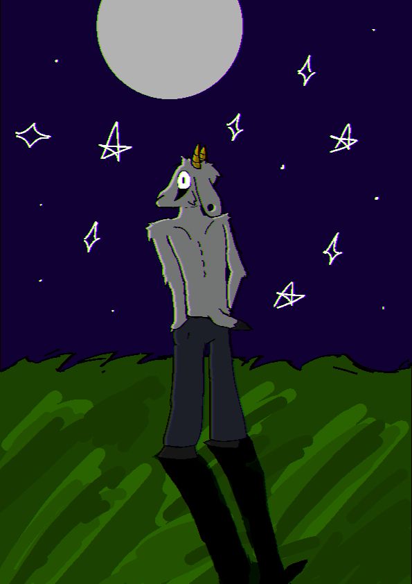 goat dude named Adrian standing in the middle of a grassy field, back turned towards the viewer and looking back with one eye glaring. it is nighttime, the moon casts a shadow of his silhouette. the artwork has chromatic aberration as an effect