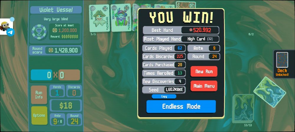 victory with this set of jokers vs violet vessel boss blind, on orange stake