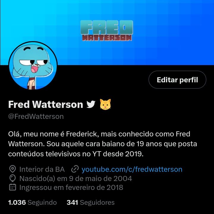 A imagem mostra o perfil do Twitter de um jovem brasileiro chamado Fred Watterson, que cria conteúdo televisivo no YouTube desde 2019. Ele tem 19 anos e mora atualmente no interior da Bahia.