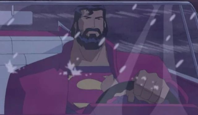 Image of a cartoon Superman, with a beard for some reason, behind the wheel of a large automobile.