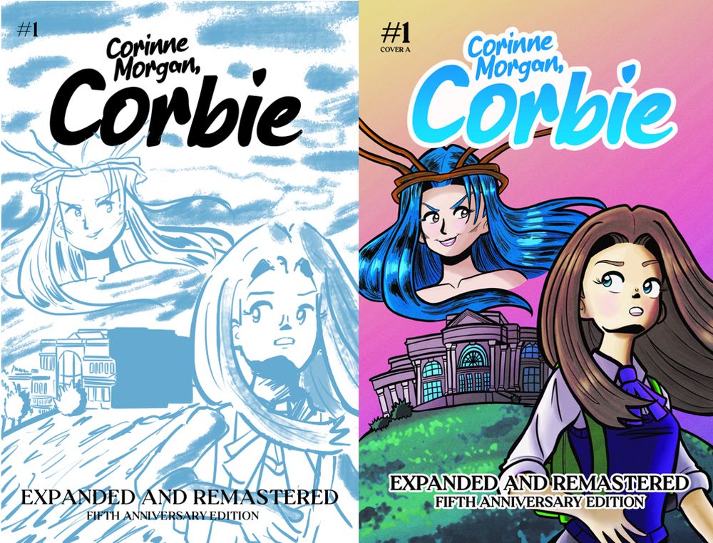 Initial mock-up for the variant A cover of "Corinne Morgan, Corbie" issue #1. A windswept Corinne stands in front of Stonydawn, the Morgan family home, with the visage of Morrigan present in the sky behind her.