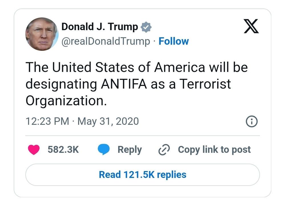 The THIRD time Trump designated ANTIFA a terrorist group. May 31, 2020.