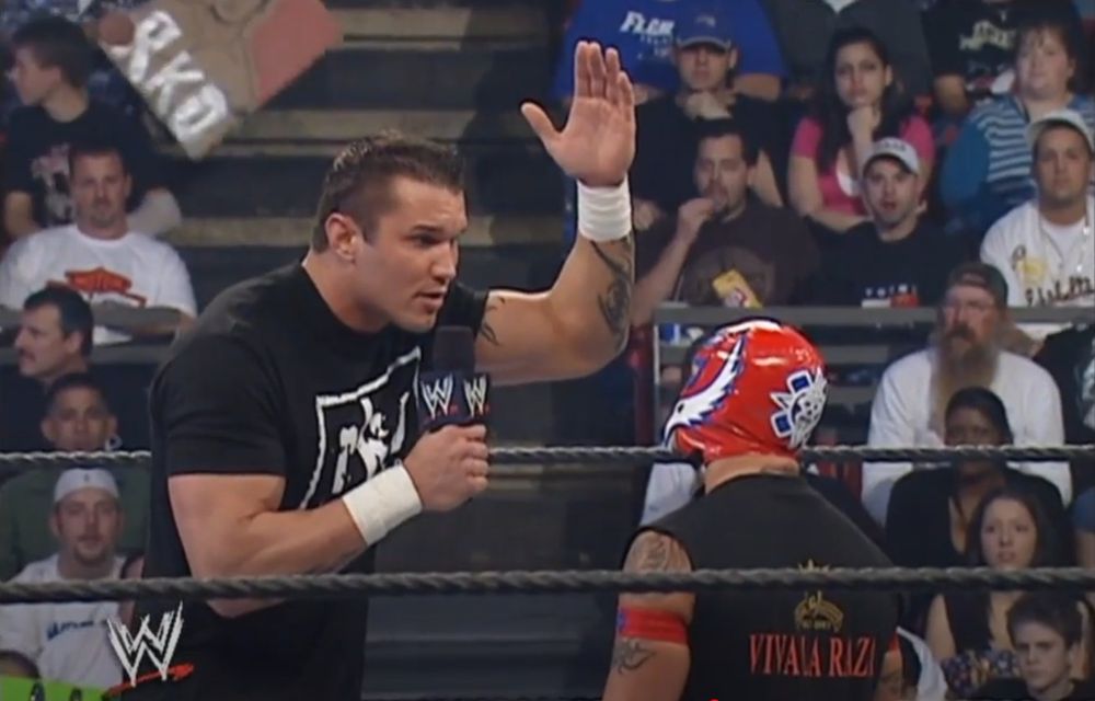 Screenshot of the Rey Mysterio and Randy Orton promo in which Orton proclaims Eddie Gurrerro is in hell.