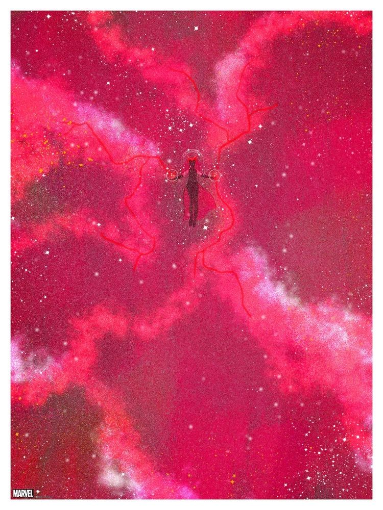 An illustration of Wanda Maximoff as the Scarlett Witch in a cloud of her own red colored power.