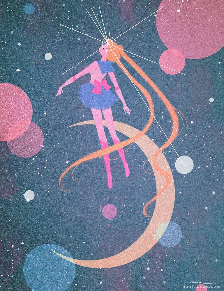 An illustration of Usagi transforming into her magical girl self "Sailor Moon." 