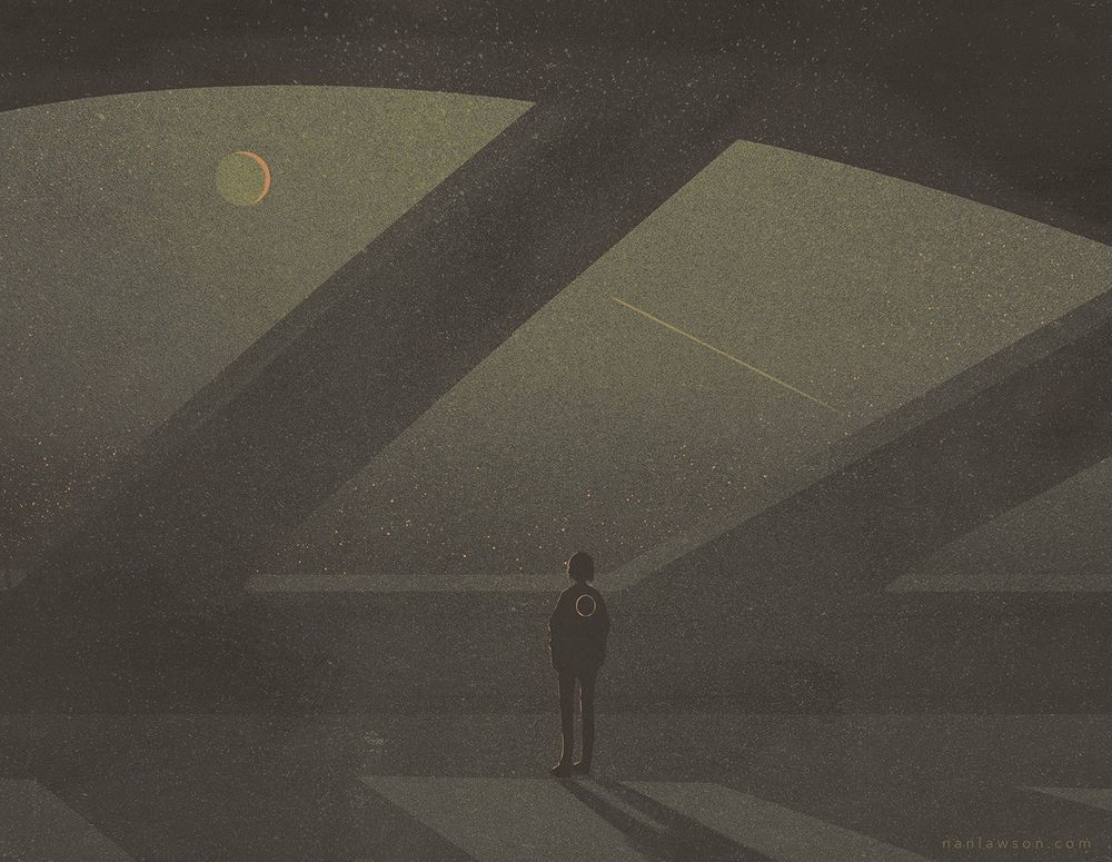 An illustration with limited colors of a person standing in front of large windows looking up into a night sky. A shooting star is passing by.