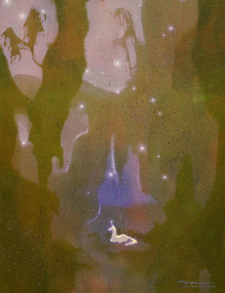 An illustration of a bright unicorn sitting in the middle of a dark otherworldly forest.