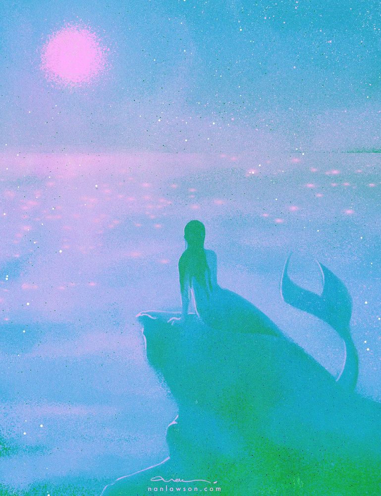 An illustration of a mermaid perched on a rock looking out over a moonlit sea.