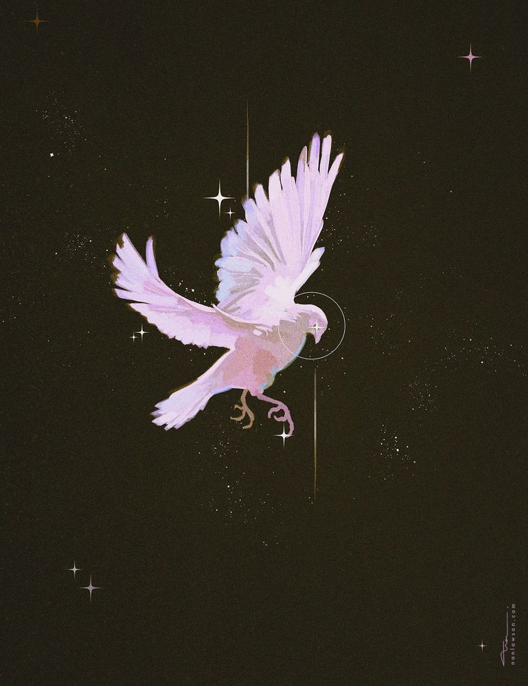 Illustration of a white bird with pink a blue hues. Stars and stardust surround it.