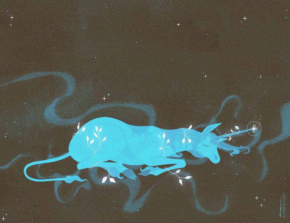 An illustration of a unicorn in blue hues, with a sparkling horn and glowing leaves entwined in its limbs.