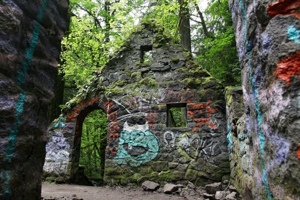 gratified dilapidated skeleton of a stone house in the washington state forest