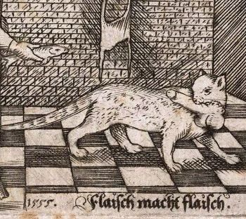 Medieval etching of a cat running away with a full penis and balls