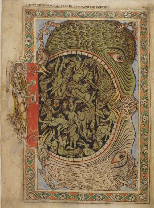 old old manuscript page depicting hell, a bunch of guys in the mouth of a weird monster