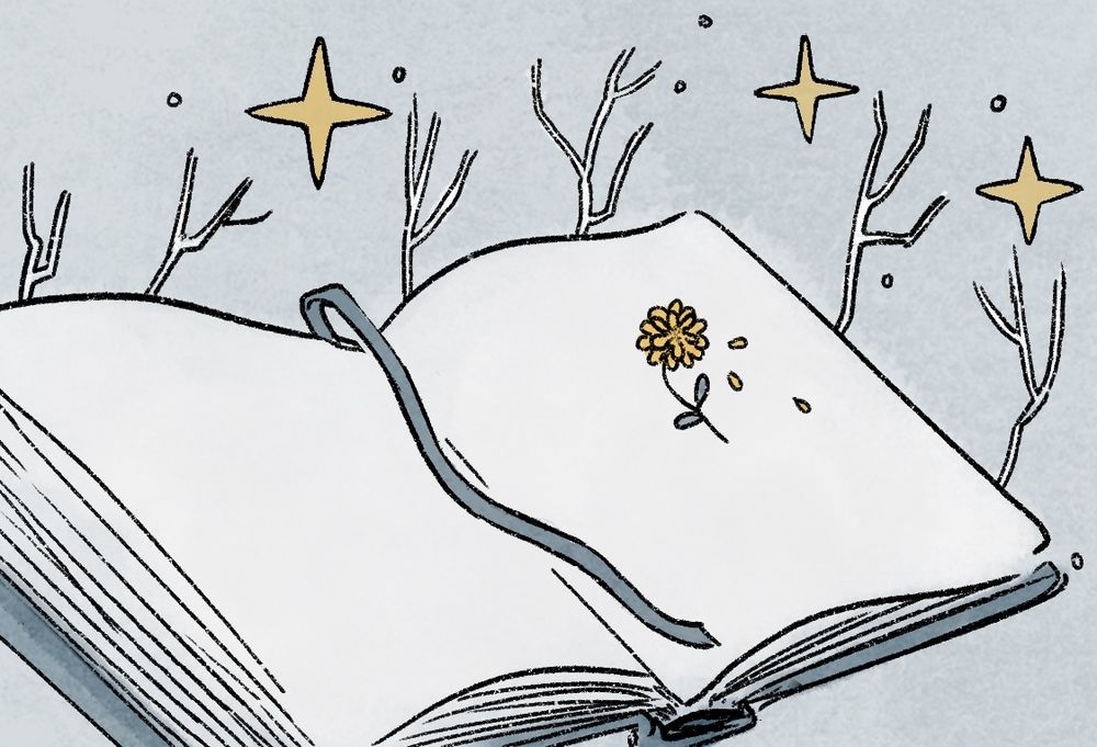 Drawing of a book with yellow stars and a flower