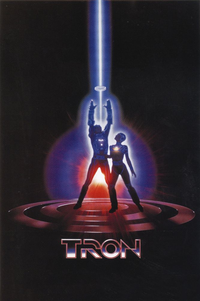An image for the 1982 Disney movie "Tron" that shows two humanoid figures standing on concentric rings, one masculine figure is holding a Frisbee up to a beam of light while a feminine figure looks on