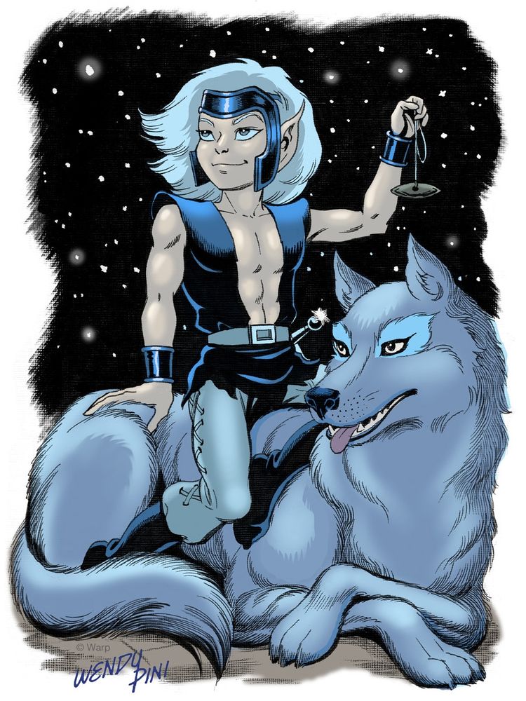Skywise from ElfQuest with his wolf friend, Starjumper. Skywise is looking up at the night sky, holding a lodestone hanging on a string made from the hairs of his tribemates