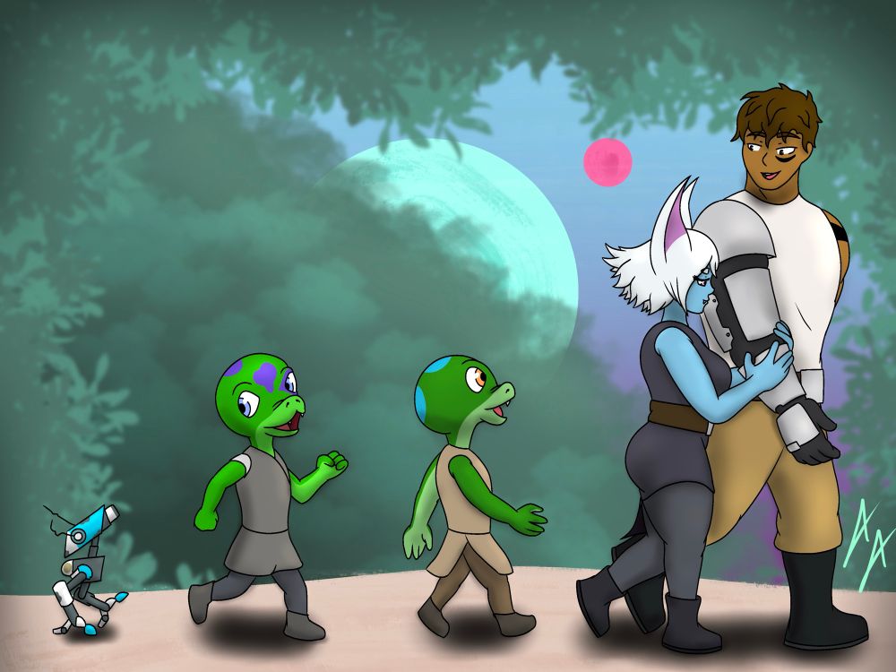 I drew this to celebrate hitting 300 followers! My wife and I’s Star Wars characters Sarix (big guy) and Vivia (small bat) leading some snakes and Ark (the droid)