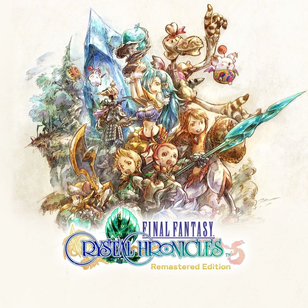A picture displaying the Final Fantasy Crystal Chronicles Remastered Edition, with all the various player races shown, in a drawn pattern.