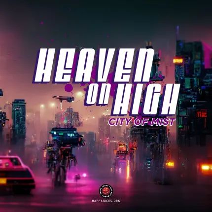 An ad card for the Heaven on High AP from the Happy Jacks RPG Network. It features a dystopian cyberpunk city skyline and the words, "Heaven on High. City of Mist".